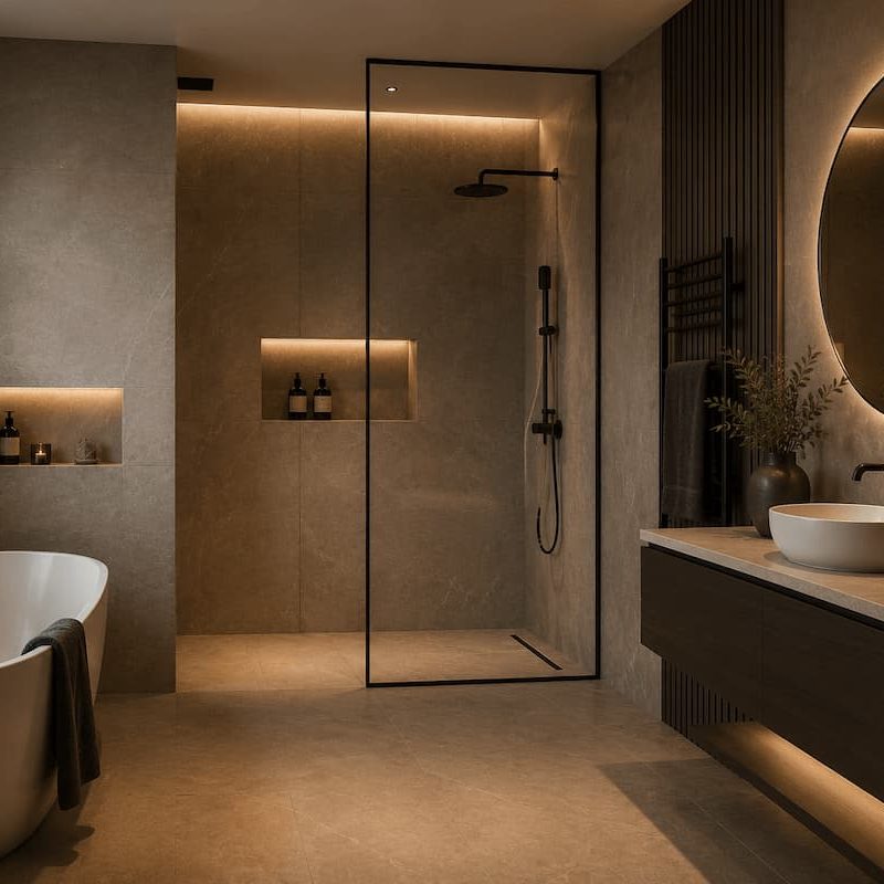 Bathroom with a walk-in glass shower, freestanding bath and vanity basin